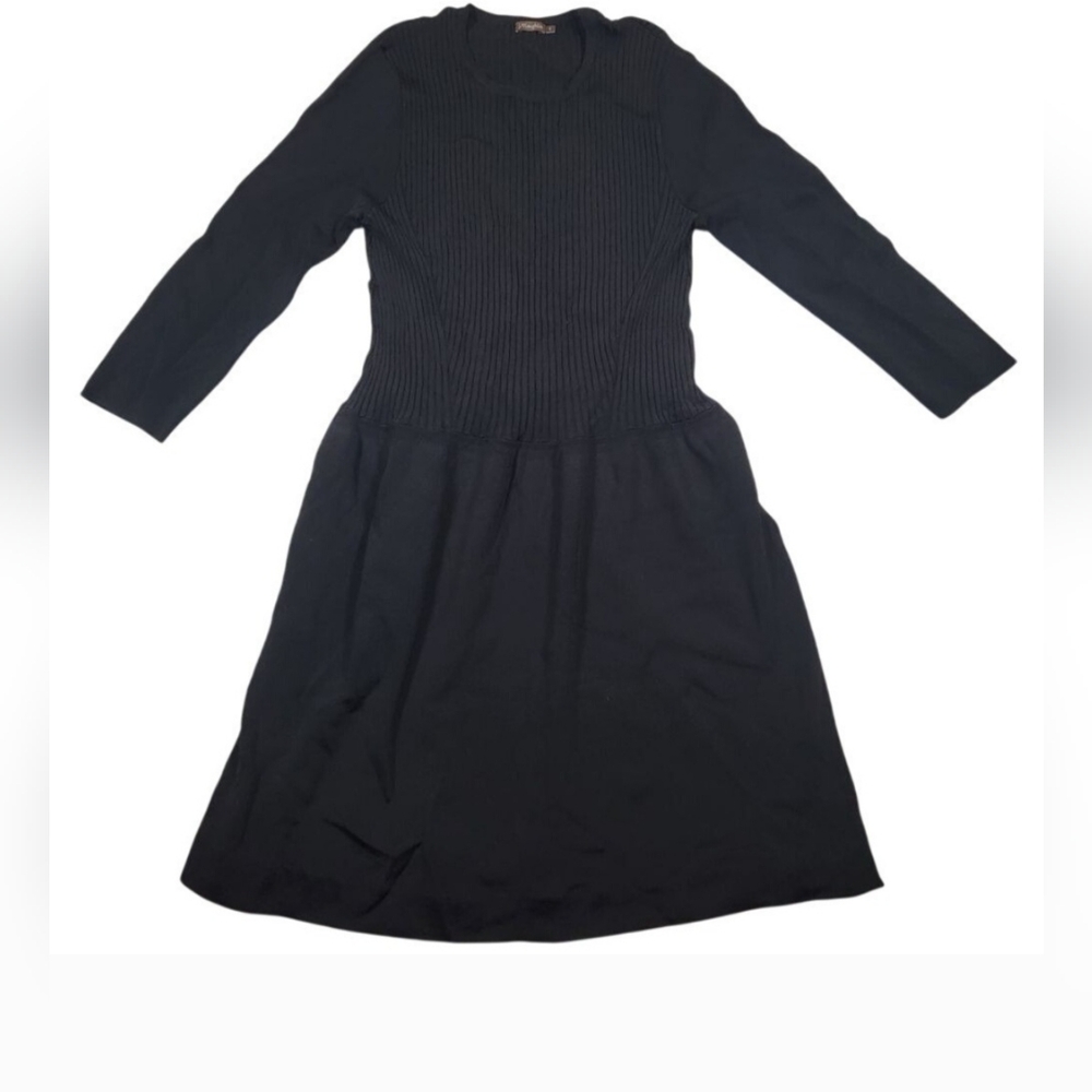 J. McLaughlin Fit and Flare Knee Length Dress Sz S Black Ribbed‎ Long Sleeve